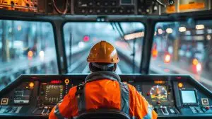 Train conductor operating locomotive, underscoring the need for fatigue management in rail transportation.