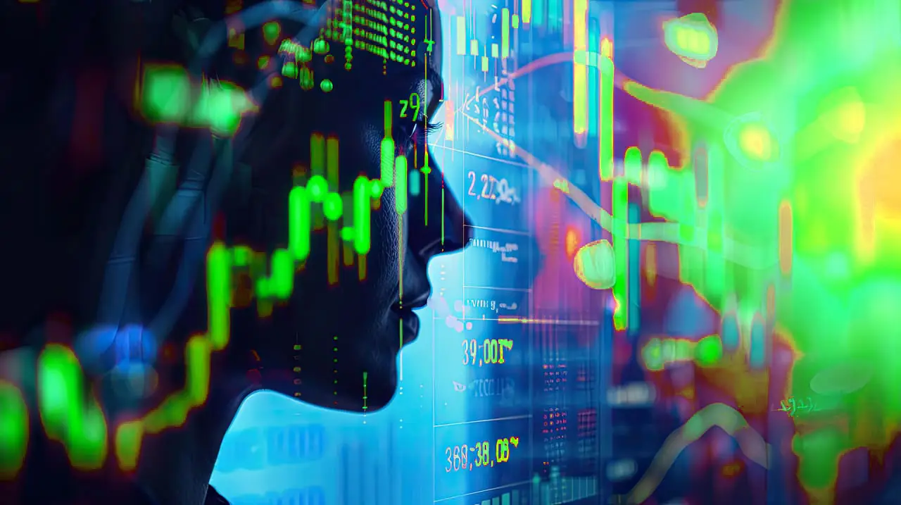 Abstract composite image of a woman’s facial silhouette fused with economic graphs and symbols, representing Dr. Steven Hursh’s operant behavioral economics framework for analyzing choice, supply-demand dynamics, and applications in healthcare, public policy, and substance use research.