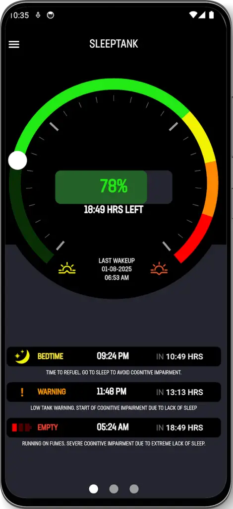 Screenshot of the SleepTank app on a smartphone, displaying features for monitoring sleep and planning alertness, compatible with consumer wearables.